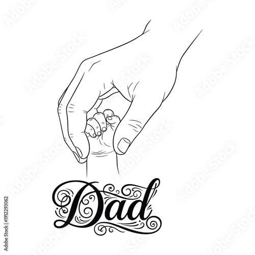 Father Holding Baby Hand Minimal Line Art with Elegant Dad Lettering Vector Illustration.
