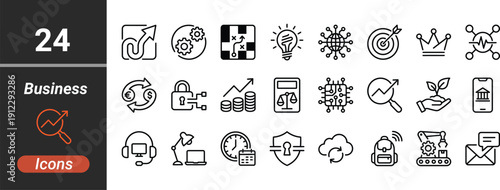 A comprehensive collection of business icons representing key concepts and elements. Displaying a diverse set of elements designed to visually represent key business concepts.