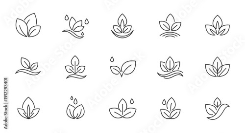 Set of Abstract Stylized Leaf and Nature Outline Icons on Isolated White Background