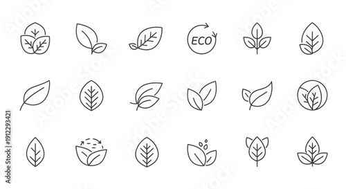 Set of Eco Friendly Nature and Leaf Outline Icons on Isolated White Background