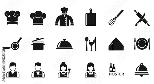 A collection of black vector restaurant icons and business symbols featuring a set of web signs, travel pictograms, and hotel silhouettes for an illustration