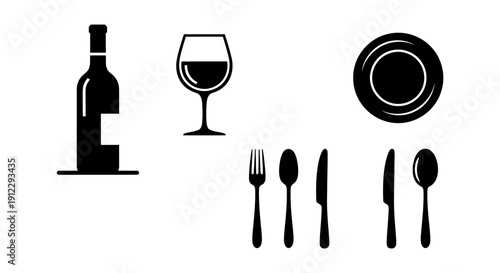 Black Silhouette Wine and Dining Utensil Icons on Isolated White Background