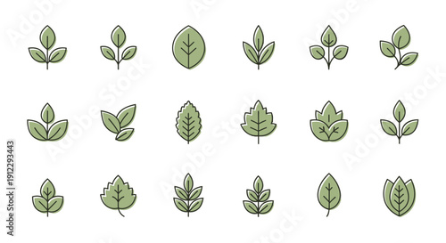 Diverse Collection of Simple Green Leaf Icons with Subtle Outlines Representing Nature on an Isolated White Background