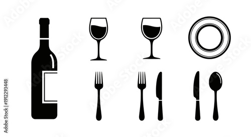Elegant Solid Black Dining Icons Set Featuring Wine Bottle, Glasses, Plate, and Cutlery on an Isolated White Background