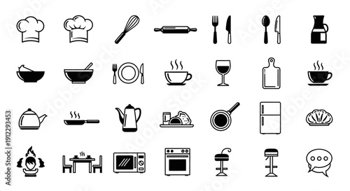 Comprehensive Set of Outline Kitchen and Cooking Icons for Culinary Themes on an Isolated White Background