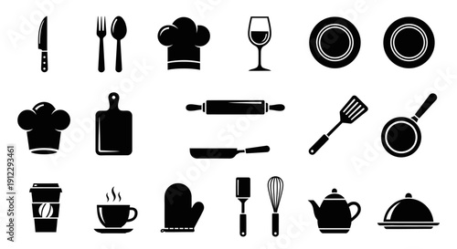 Comprehensive Set of Solid Black Kitchen and Cooking Icons for Culinary Themes on an Isolated White Background