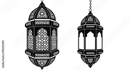 Two black and white Arabic lanterns with intricate designs for Ramadan