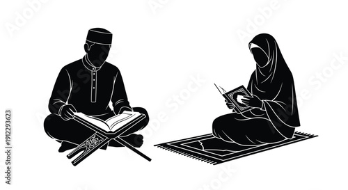 Black and white illustration of muslim man and woman reading the quran