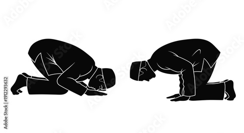 Monochrome Illustration of Two Muslim Men Prostrating in Prayer Position