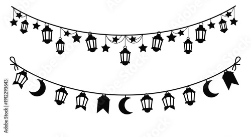 Black silhouette garland with lanterns and stars for ramadan festival celebration