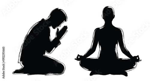 Black Silhouettes of Praying Person and Meditating Person Depicting Spiritual Practice