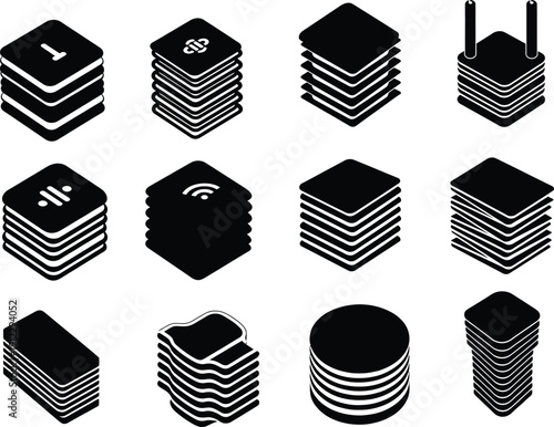 Black isometric icon set of data storage server stacks cloud computing database blocks and digital networking hardware symbols for information technology.