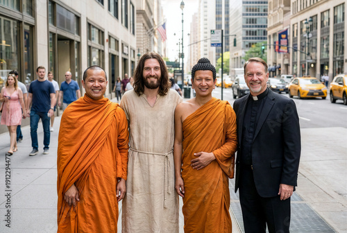 Jesus and Buddha meeting monk and pastor in the large city