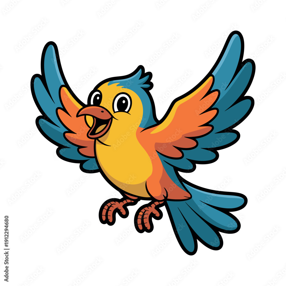 Obraz premium A colorful cartoon bird with vibrant feathers and wings spread wide