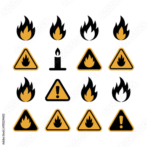 A collection of warning signs and flame icons indicating fire hazard