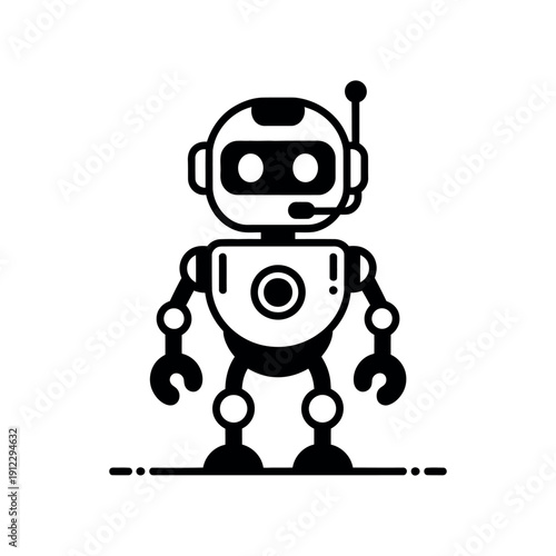 A black and white illustration of a robot with a headset on