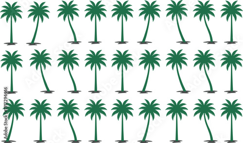 Large Set of Green Palm Tree Vector Illustrations with Different Trunks and Leaves Silhouettes Isolated on White Background for Tropical Design