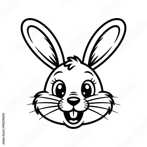 A cartoon rabbit with big eyes and a happy face smiles cheerfully
