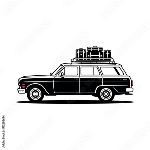 A black station wagon with luggage on the roof rack is ready for travel