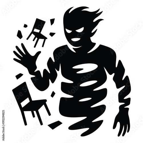 Poltergeist Ghost Silhouette Vector: Angry Haunted Spirit with Flying Chairs and Shadowy Supernatural Energy for Horror and Halloween Design