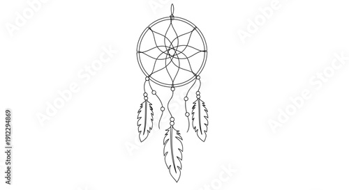 Minimalist dreamcatcher single line art with feathers — boho protection spiritual icon vector