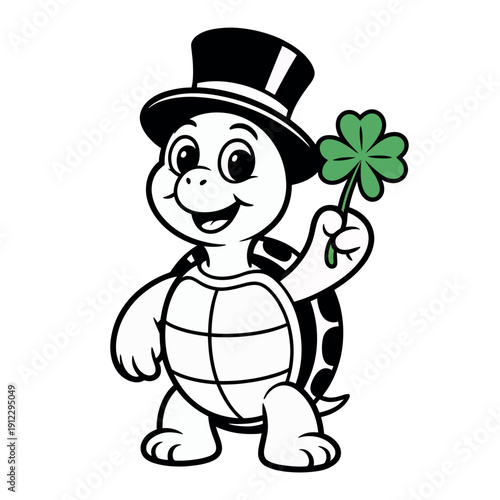 A cheerful cartoon turtle wearing a top hat and holding a four-leaf clover on a white background