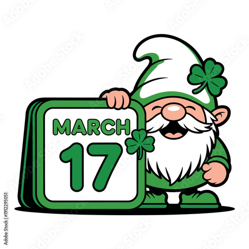 A cheerful cartoon gnome celebrates St. Patrick's Day on March 17th with a green calendar and shamrocks.