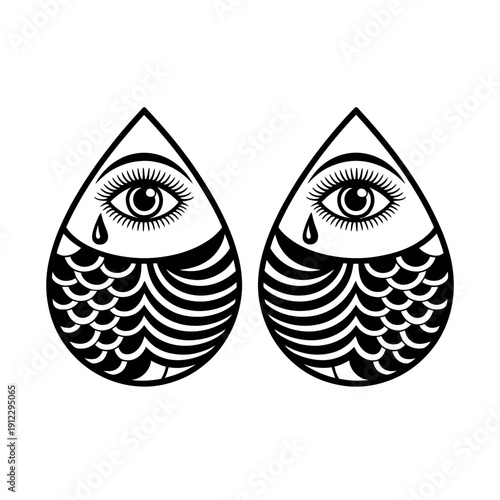 A black and white illustration of two teardrop shaped fish with crying eyes