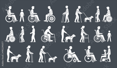 Inclusive disability illustration set featuring people using wheelchairs, walkers and guide dogs in minimalist line art style representing accessibility, mobility and social inclusion