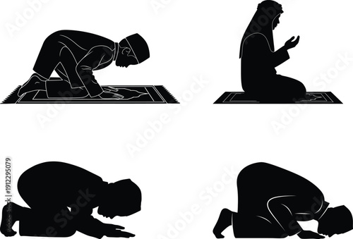 Islamic prayer positions silhouette illustrations, Ramadan or Eid Mubarak silhouette