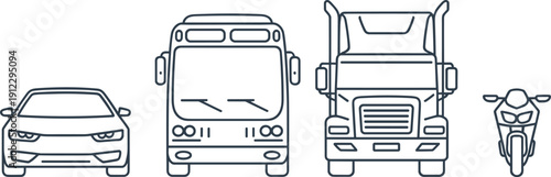 Front view vehicle icon set featuring car, bus, truck and motorcycle in minimalist line art style, transportation illustration collection isolated on light background