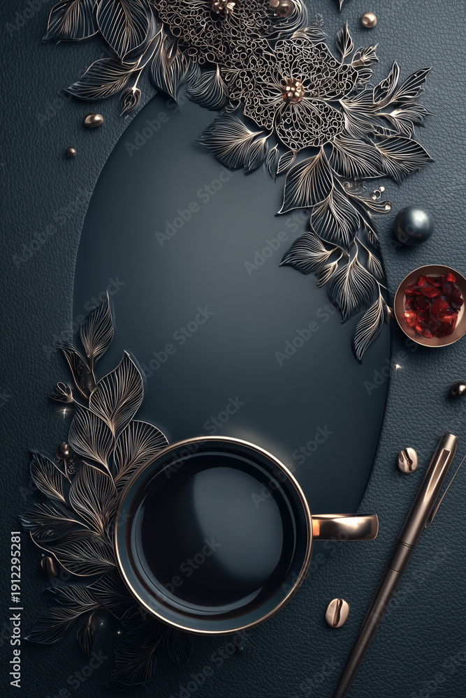 Fototapeta premium Luxury Dark Coffee Flat Lay With Metallic Botanical Decoration And Copy Space Background