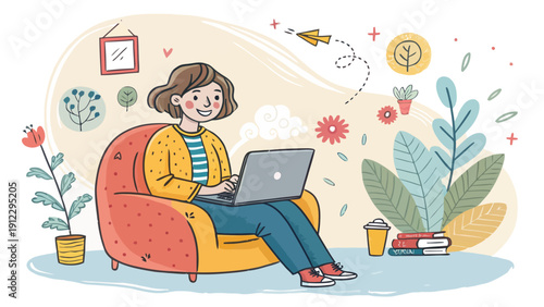 Young Woman Working on a Laptop in a Comfy Armchair, surrounded by plants and books, depicting remote work and freelance lifestyle