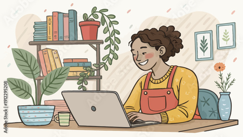 Happy Young Woman with Curly Hair Working on a Laptop at a Desk Surrounded by Plants and Books, Illustrating Remote Work