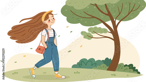 Happy Girl in Overalls Walking in a Park with a Bag, Hair Blowing in the Wind, illustrated in a charming and whimsical style