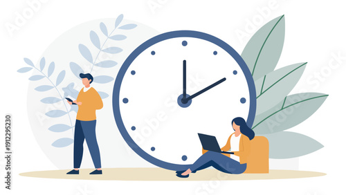 Busy Professionals working near a large clock, symbolizing time management, deadlines, and productivity in a modern flat style