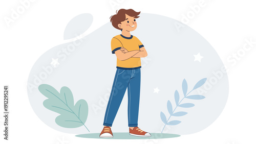 Confident Young Boy Standing with Arms Crossed, in a flat design style with a soft pastel background, representing youth and potential