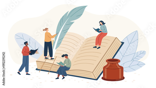 Miniature People Reading and Writing around a Giant Open Book, symbolizing education, literature, and collaborative learning
