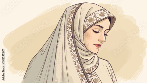 Elegant Illustration of a Muslim Woman Wearing a Hijab and Veil, with intricate patterns, symbolizing faith and beauty