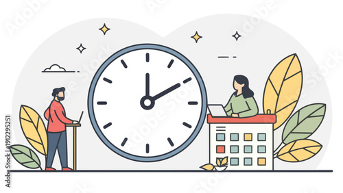 Diverse team working around a giant clock and calendar, illustrating project management, time tracking, and teamwork