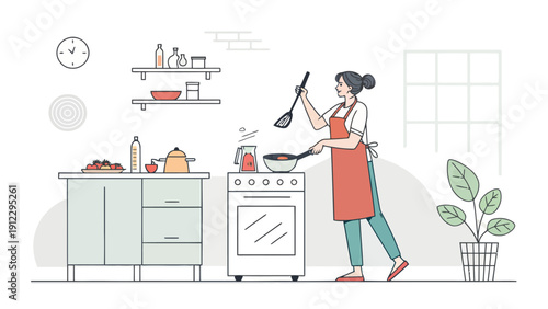 Woman with apron cooking a meal on a stove in a charming kitchen, holding a spatula, with fresh ingredients on the counter.
