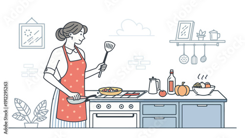Smiling woman in apron cooking with a spatula and pan on a stovetop, preparing food with fresh ingredients in a bright kitchen.