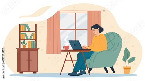 Woman working from home, typing on a laptop while relaxing in a comfortable armchair next to a window and bookshelf.