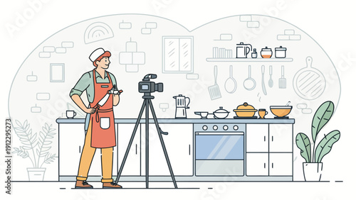 Chef filming a cooking tutorial in a professional kitchen with a video camera on a tripod, demonstrating knife skills.