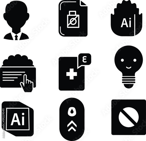 Black and white ai technology icons set featuring artificial intelligence brain lightbulb and digital document symbols for modern software design