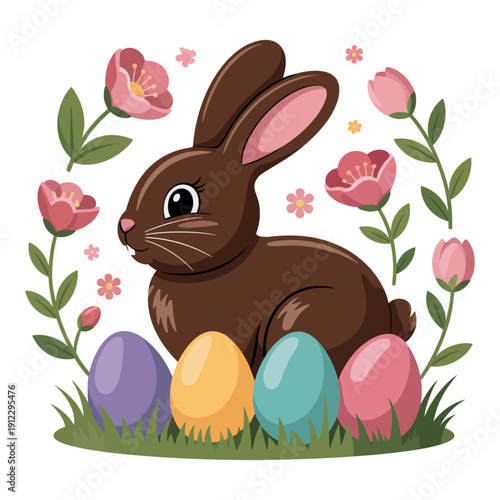 A brown bunny sitting in grass surrounded by colorful Easter eggs and flowers