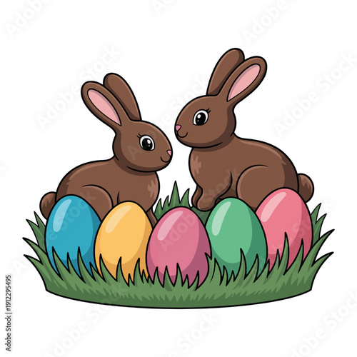Two brown rabbits sitting in grass with colorful Easter eggs