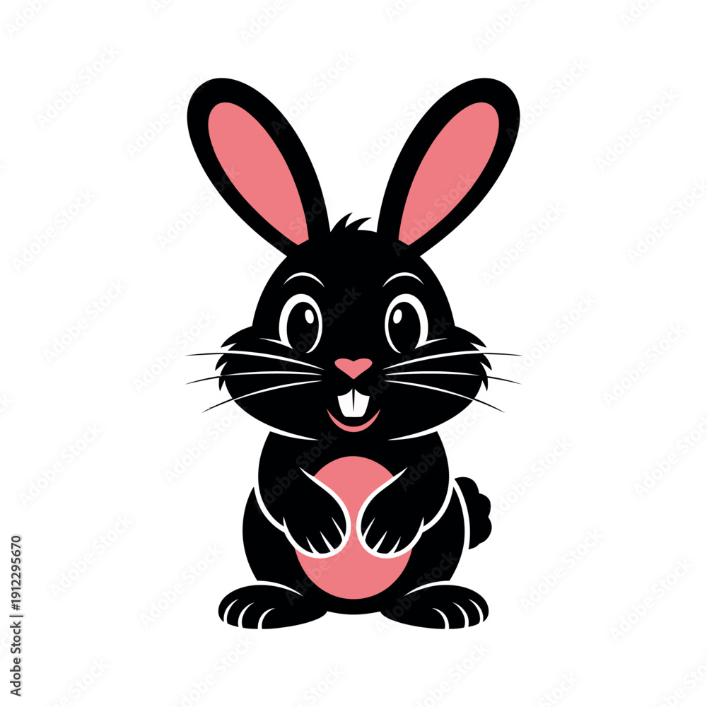 Fototapeta premium A cute cartoon black rabbit with pink ears and belly sitting on a white background