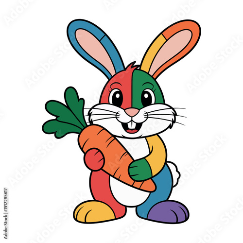 A colorful cartoon rabbit holding a large carrot in a playful and cheerful pose.