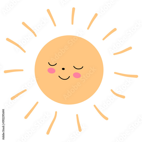 Cute vector clipart of a smiling light orange sun with rosy cheeks and closed eyes. Square illustration on a white background for kids design, prints, cards and decor.